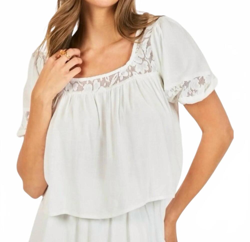 NEW SADIE & SAGE women's neck linen lace inset top in white